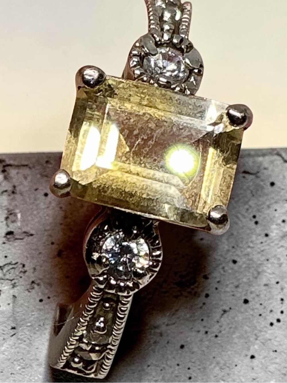 Vintage Emerald Cut Citrine Sterling Ring CZ Side Accents